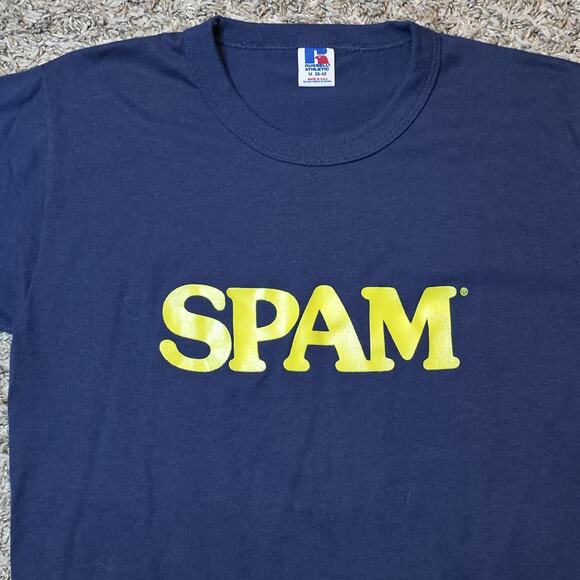 Vintage SPAM T-Shirt Mens Medium Blue 90s Single Stitch Food Russell - Picture 2 of 3